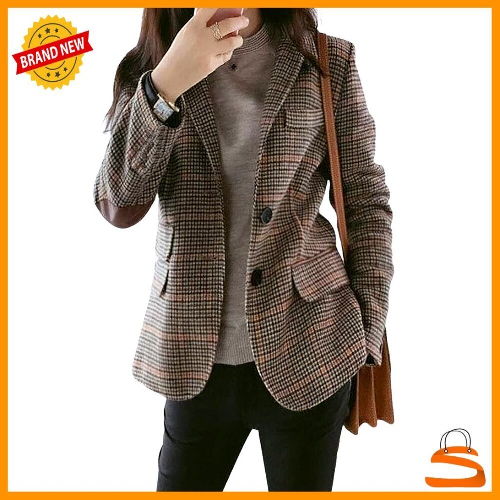 Chic Plaid Blazer Lapel Collar Lightweight Tweed Office Work Professional